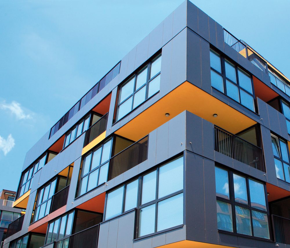 Modern building painted grey and orange